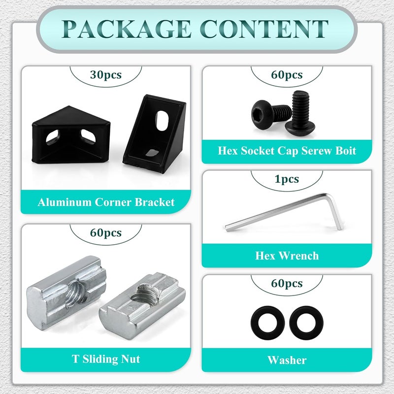 PETOX 30 Set Black 1"x1" 1010 Series Aluminum Extrusion Profile Connector,30pcs Corner Bracket with 60pcs M6 T-Slot Sliding Nuts for 10 Series Aluminum Rail Accessories - Image 3